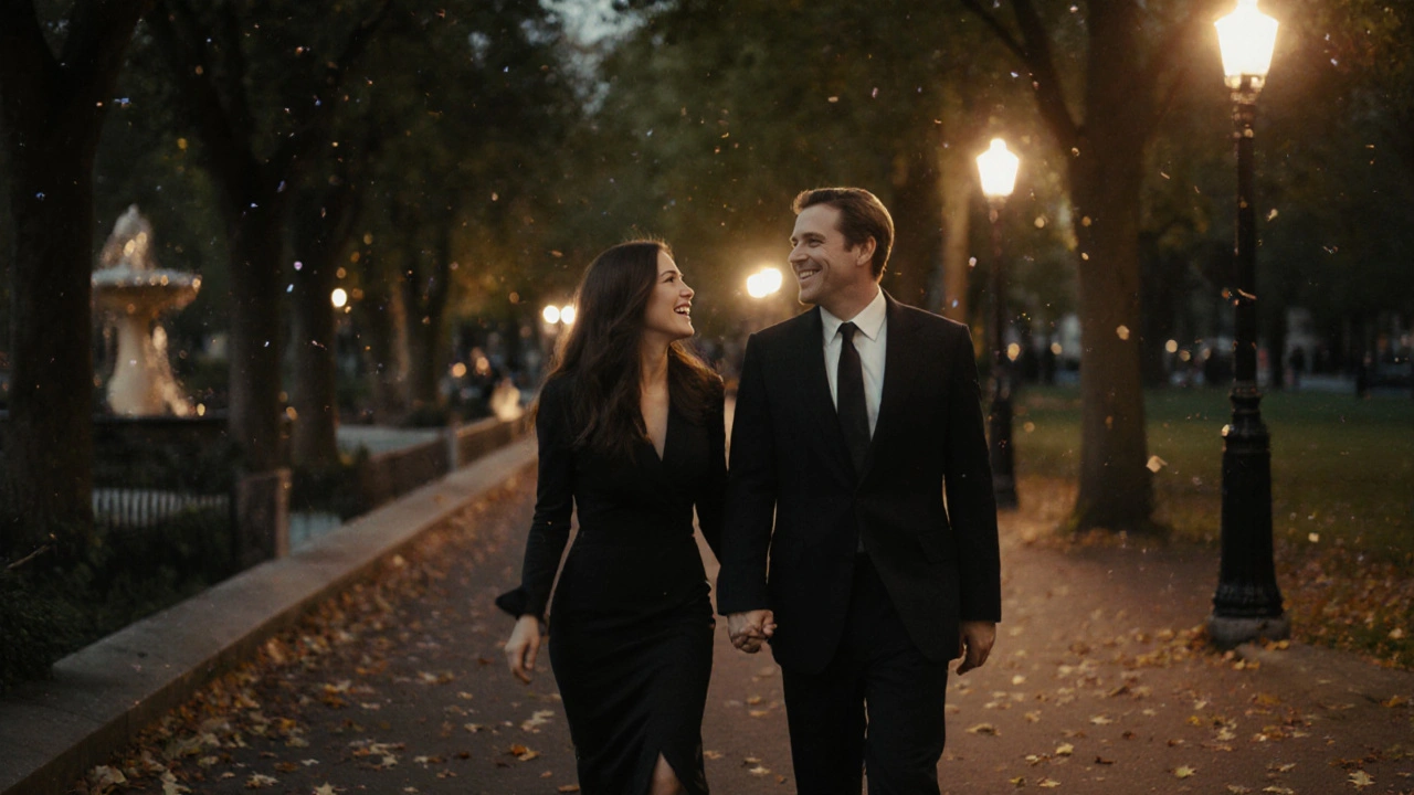 A BBW escort and client walking together in Hyde Park at dusk, laughing under autumn trees.