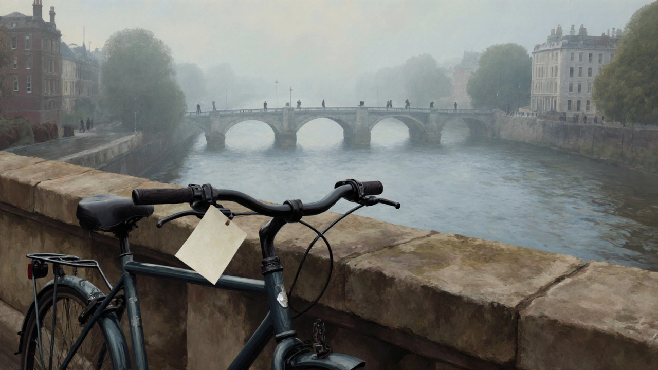 A bicycle left alone at Putney Bridge in the morning mist, with a note tucked under the handlebar, fog over the river.