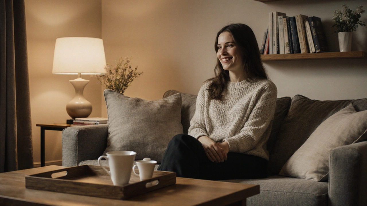 A calm interior scene with a woman sitting on a sofa in a tidy apartment, tea tray and books nearby, conveying quiet companionship.