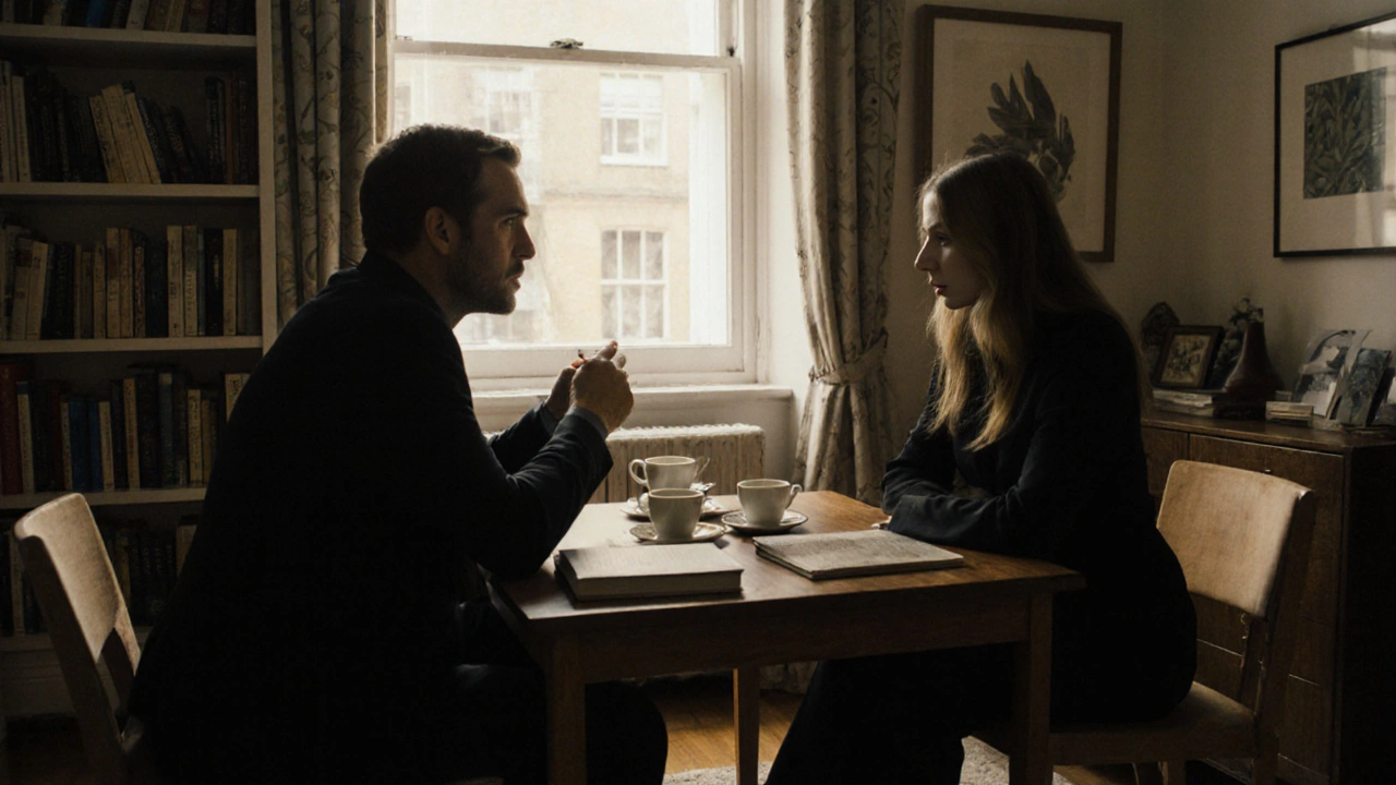 A client and escort sharing quiet conversation over tea in a warm, book-filled London apartment.