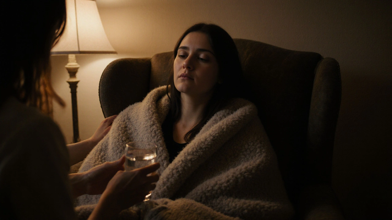 A client wrapped in a blanket receives water after a session, with the dominatrix offering quiet support in a serene aftercare moment.