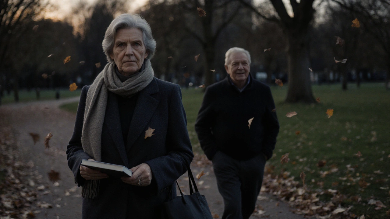 A confident mature woman walking through Hyde Park at dusk with a companion, autumn leaves falling around them.