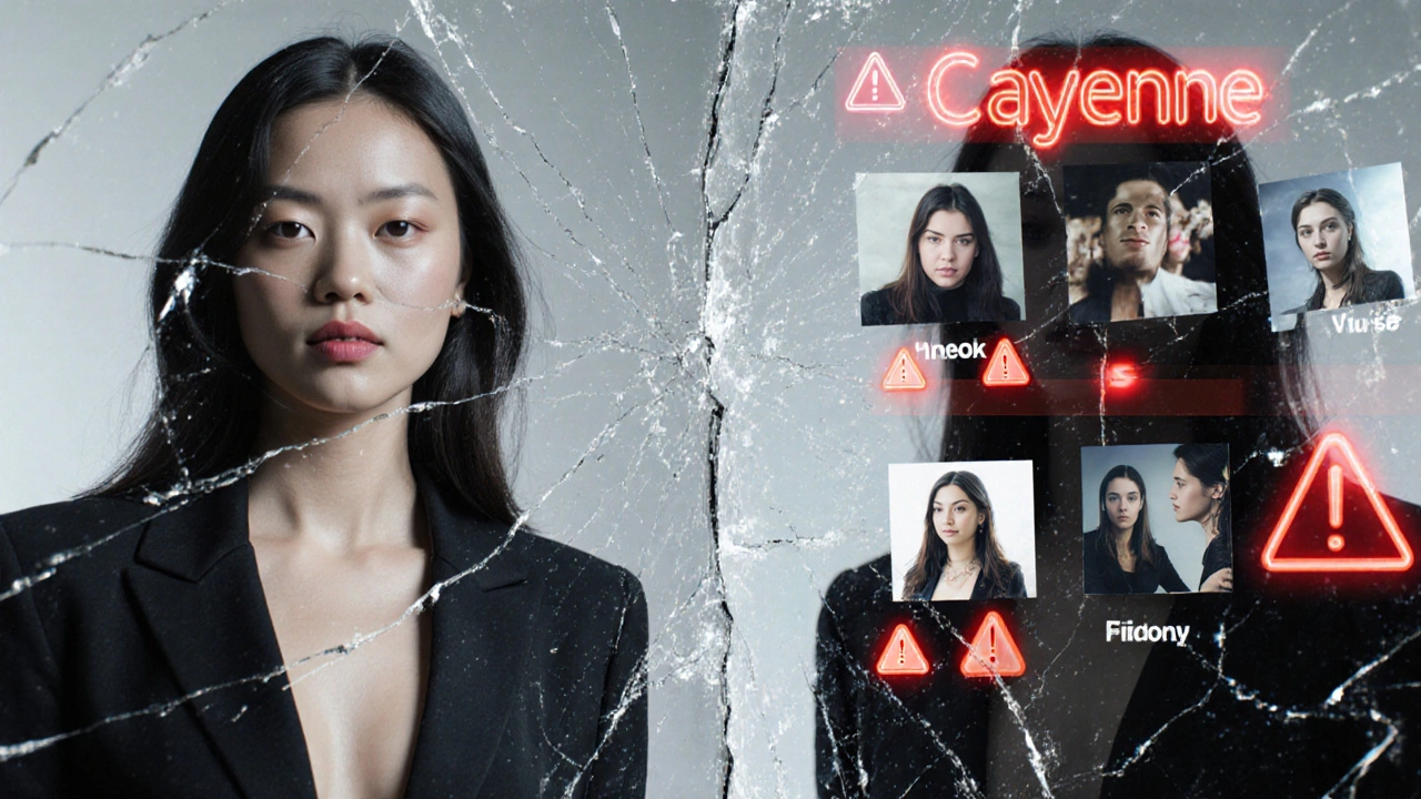 A cracked digital mirror showing a real escort beside a distorted clone labeled &#039;Escortire,&#039; with glowing red warning symbols.