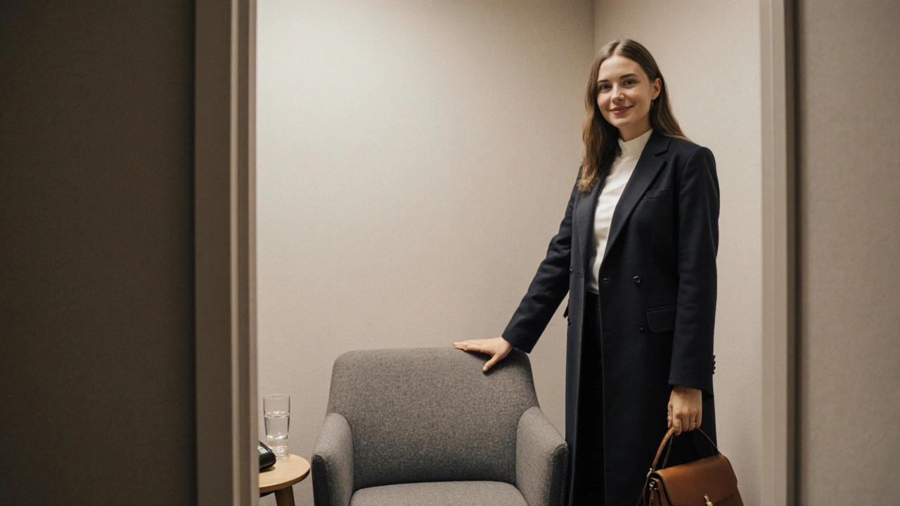 A discreet meeting space with a woman standing near the door, exuding professionalism and safety.