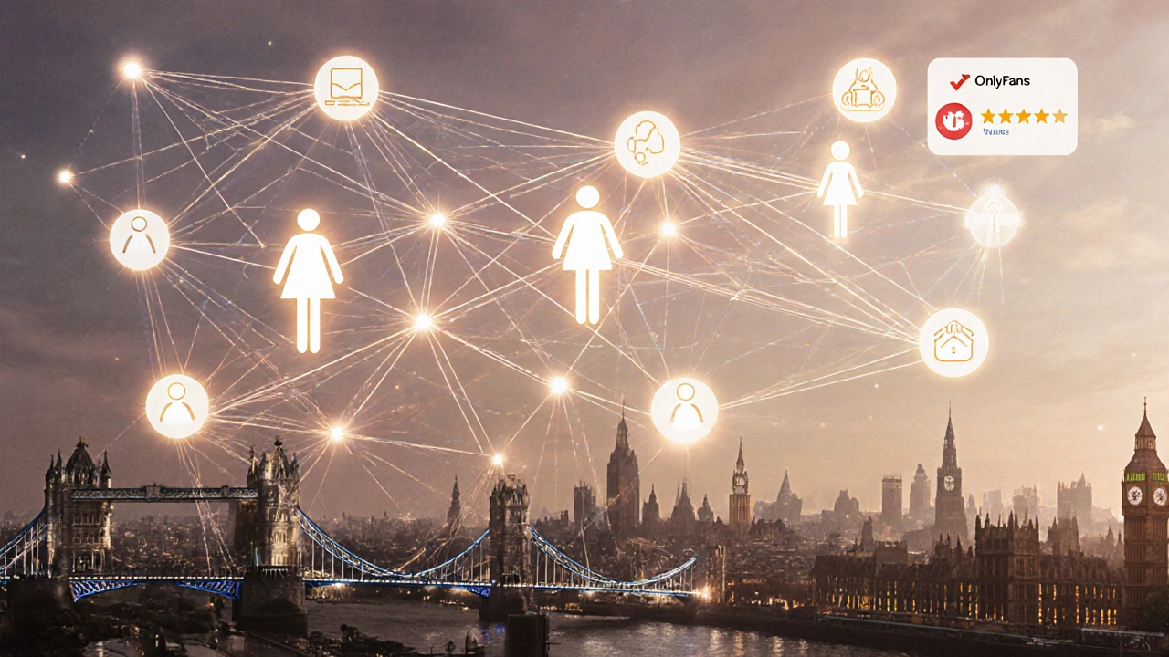 A glowing network connecting London landmarks with symbols of safety and independence.
