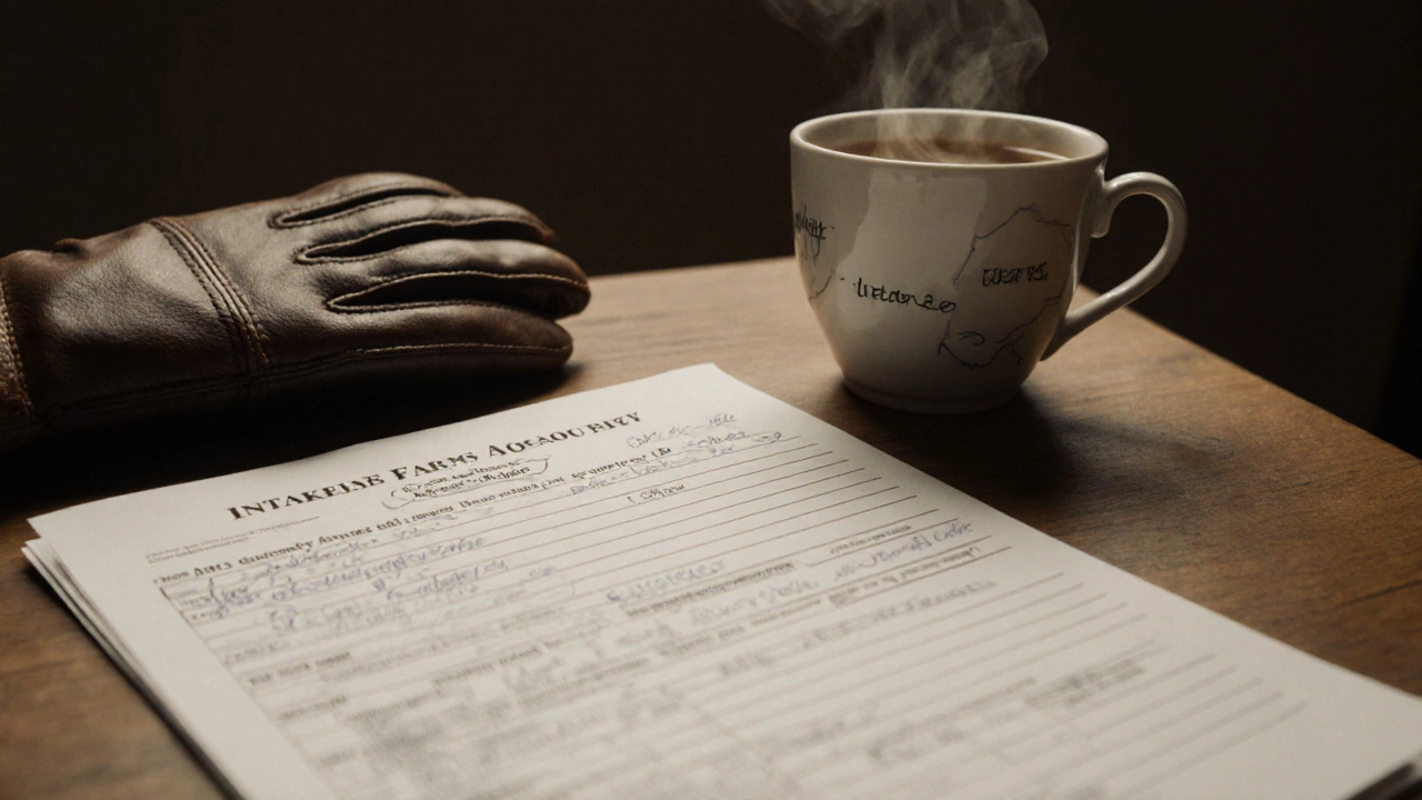 A handwritten consent form and leather glove on a wooden desk, symbolizing preparation and trust in a professional domination session.