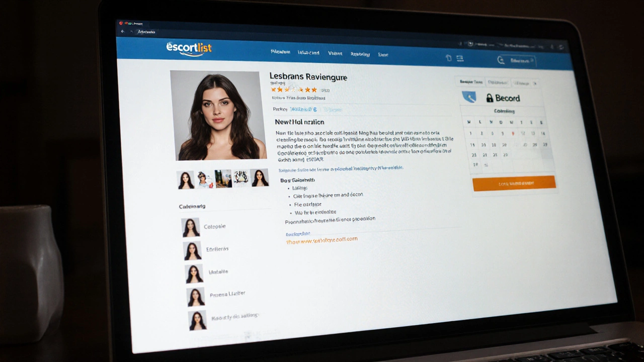 A laptop screen showing a verified escort profile with reviews and booking calendar.
