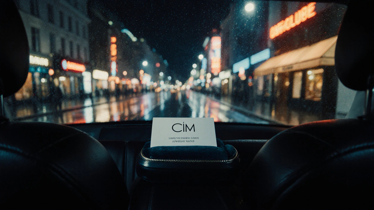 A luxury car window view of London at night, with a discreet CIM business card on the seat.