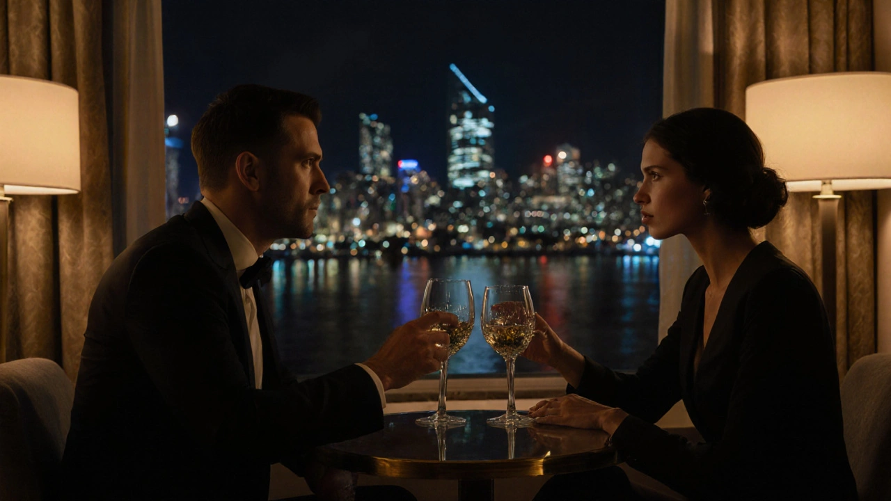 A man and woman sharing quiet conversation over wine in a hotel suite with a glowing city skyline in the background.