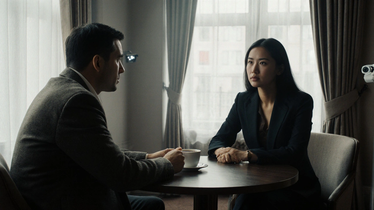 A man and woman sit across from each other in a hotel lobby, sipping coffee during a cautious first meeting.