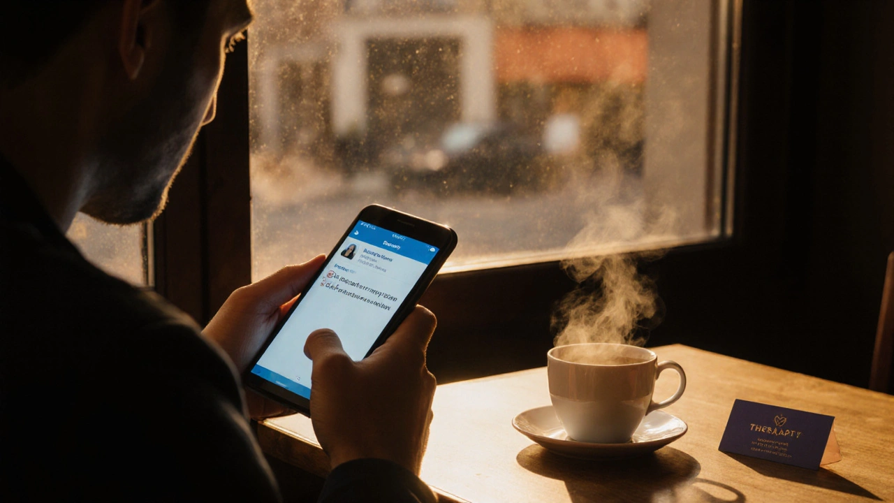 A man sits alone in a café, staring at his phone while a therapist&#039;s card rests on the table.