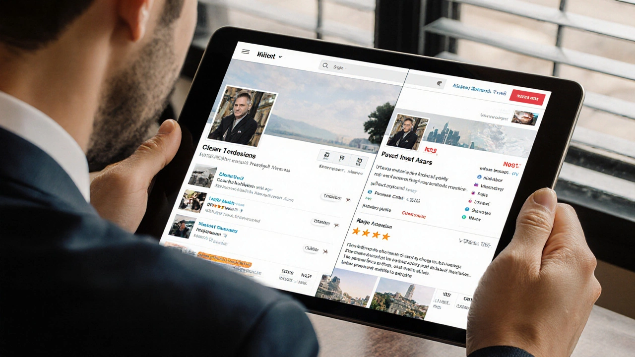 A man viewing two escort profiles on a tablet — one verified and clear, the other suspicious — in a quiet North Finchley café.