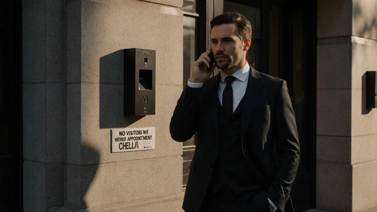 A man waiting outside a secure London building with an intercom system for an incall meeting.