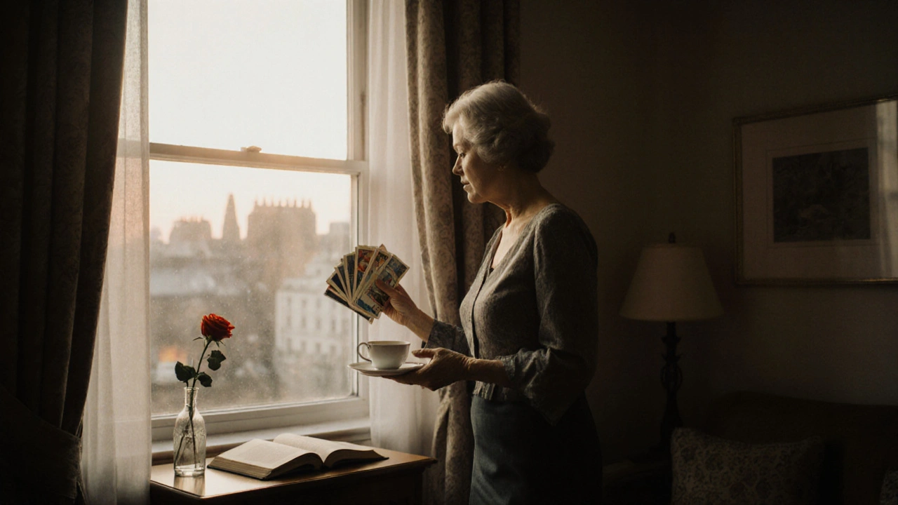 A mature escort holds postcards in a softly lit London flat, surrounded by books and quiet elegance.