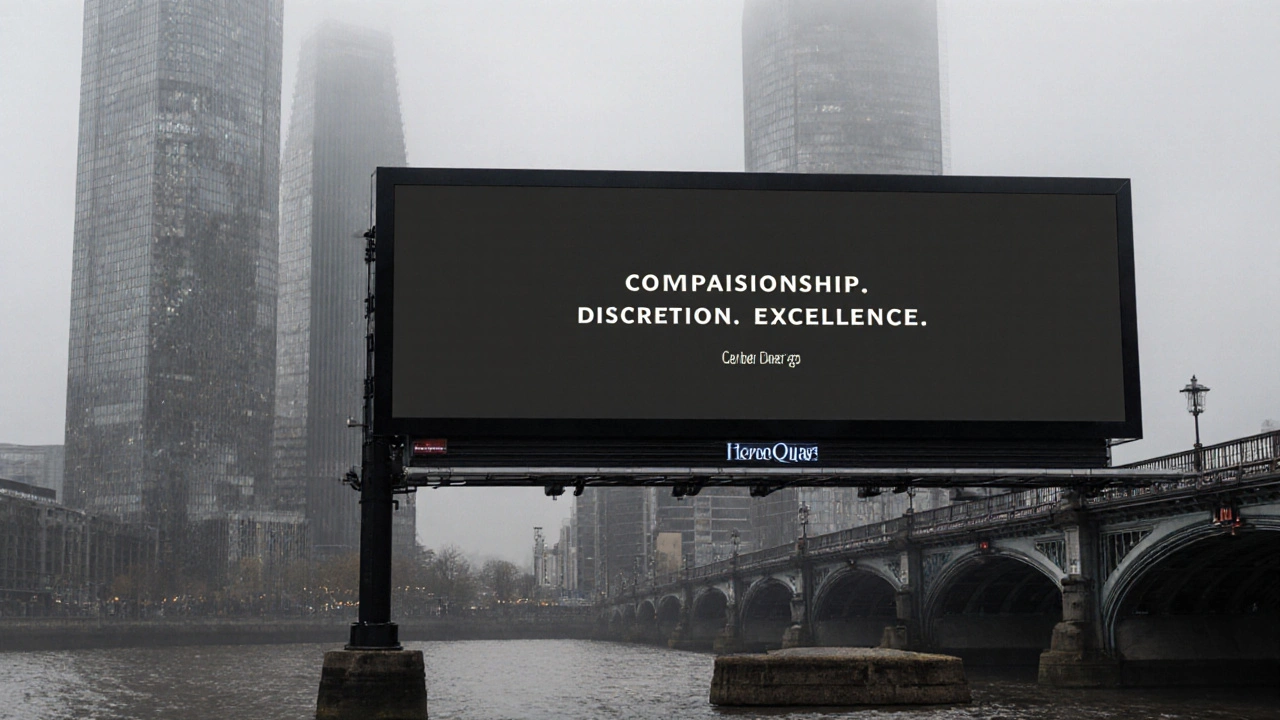 A minimalist digital billboard in Heron Quays displaying elegant text reading &#039;Companionship. Discretion. Excellence.&#039;