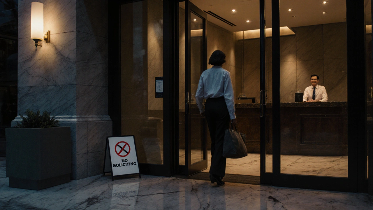 A person entering a safe, upscale hotel lobby at dusk.