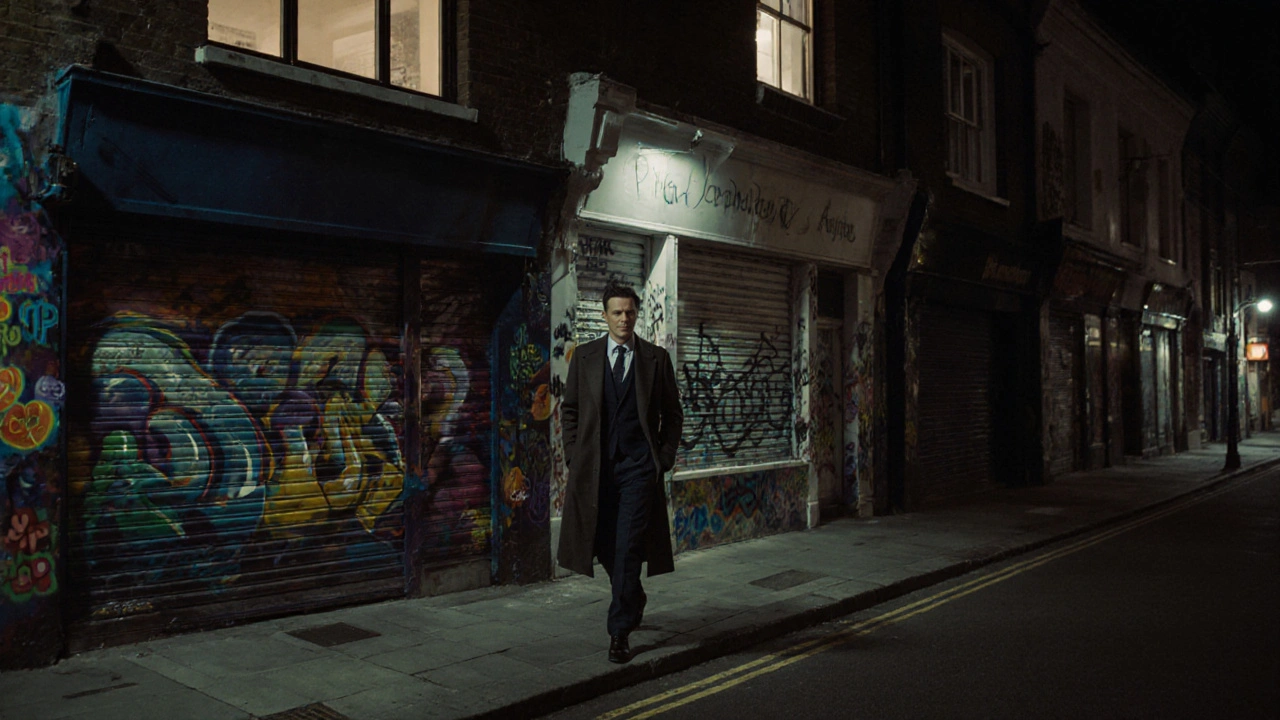 A person walking alone at night in Hackney past street art, quiet and unassuming urban atmosphere.