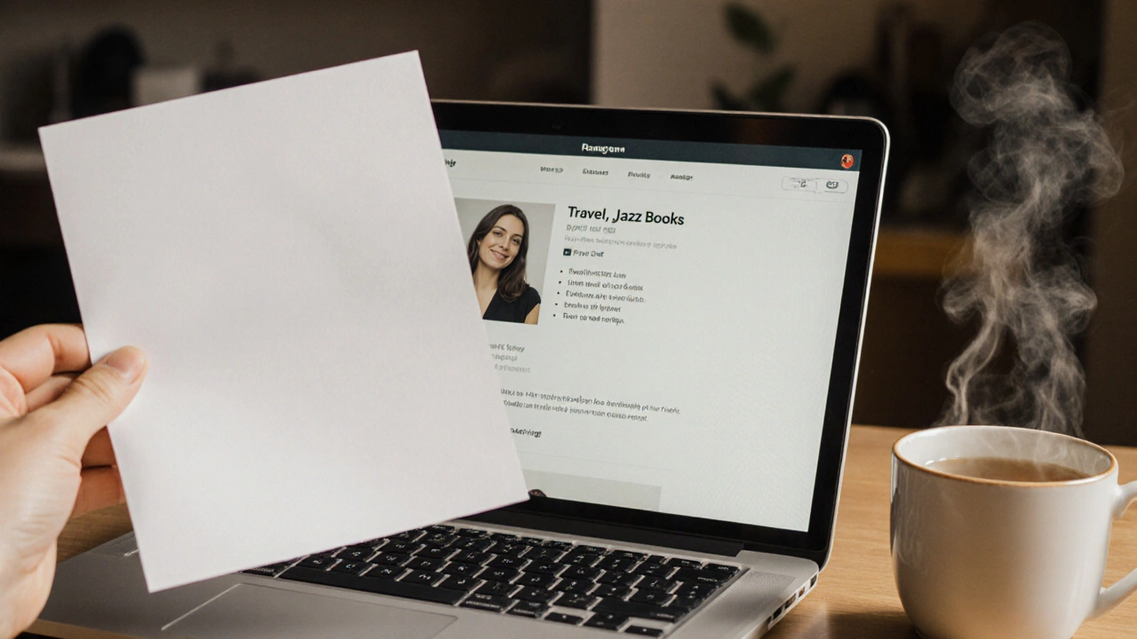 A professional escort&#039;s profile on a laptop with a cup of tea beside it.