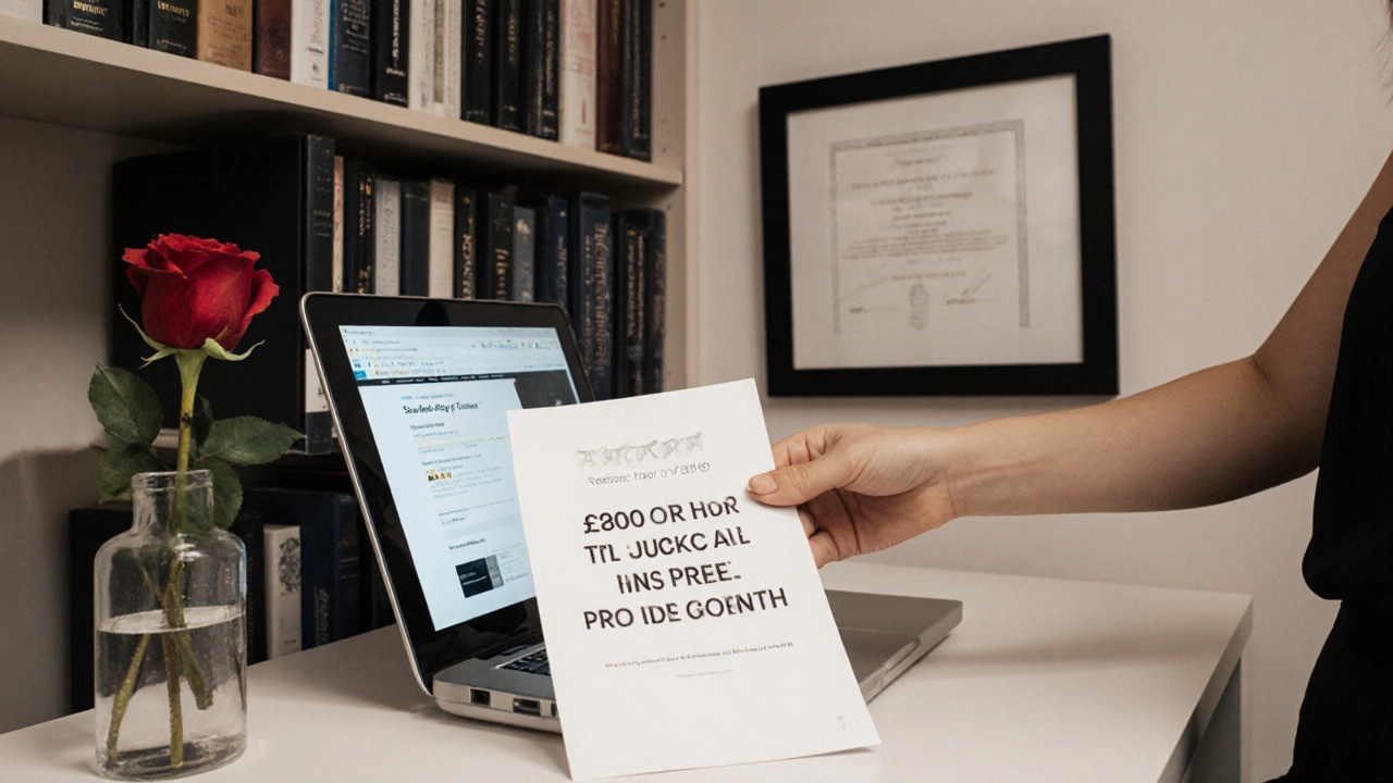 A professional escort agency office with books, a health certificate, and a pricing quote on display.