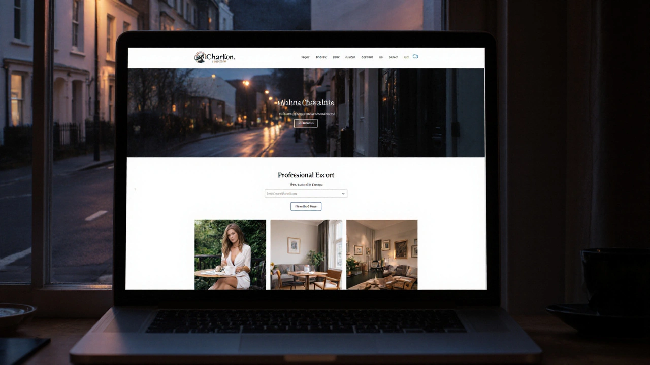 A professional escort website on a laptop with real photos and privacy details, showing authenticity.