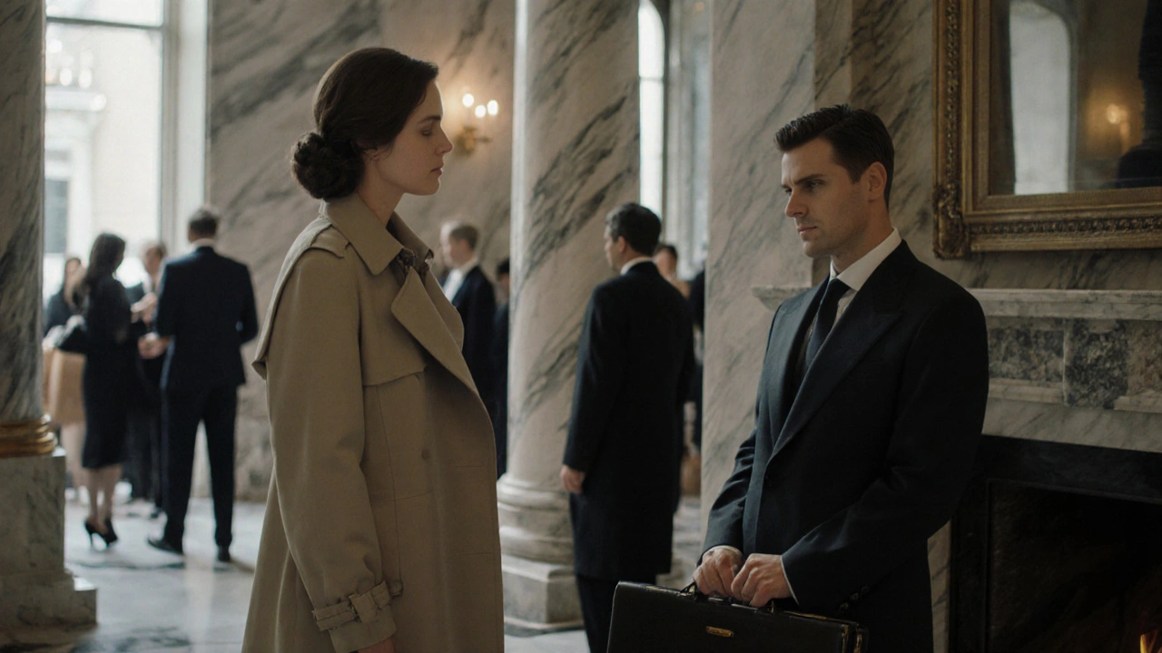 A professional meeting in a high-end hotel lobby, a man and woman exchanging a respectful greeting, elegant and discreet atmosphere.