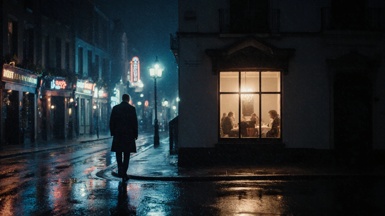 A rainy East London street at night, hinting at discreet encounters in a quiet neighborhood.