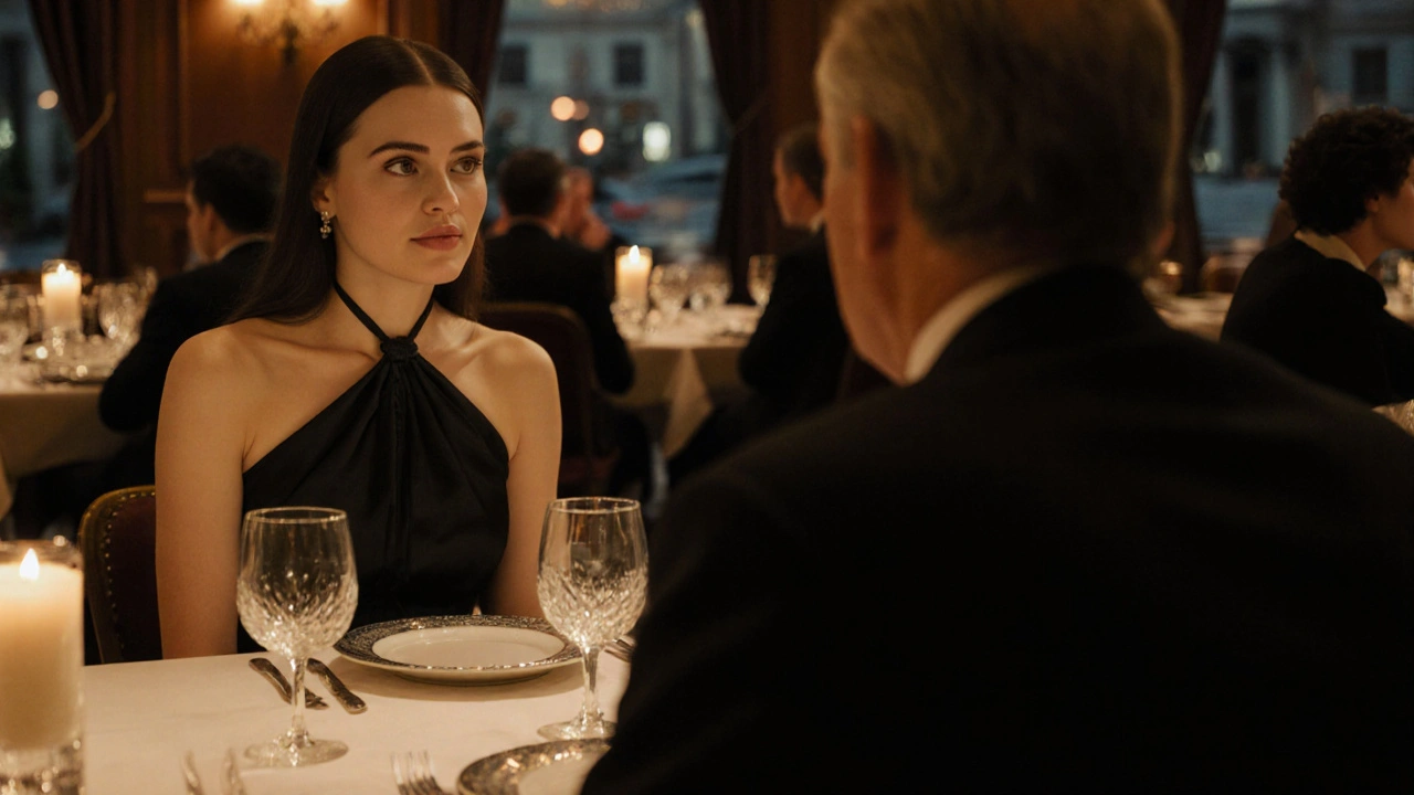 A refined dinner in a Mayfair restaurant with a companion and client, candlelit, no physical intimacy, only respectful presence.