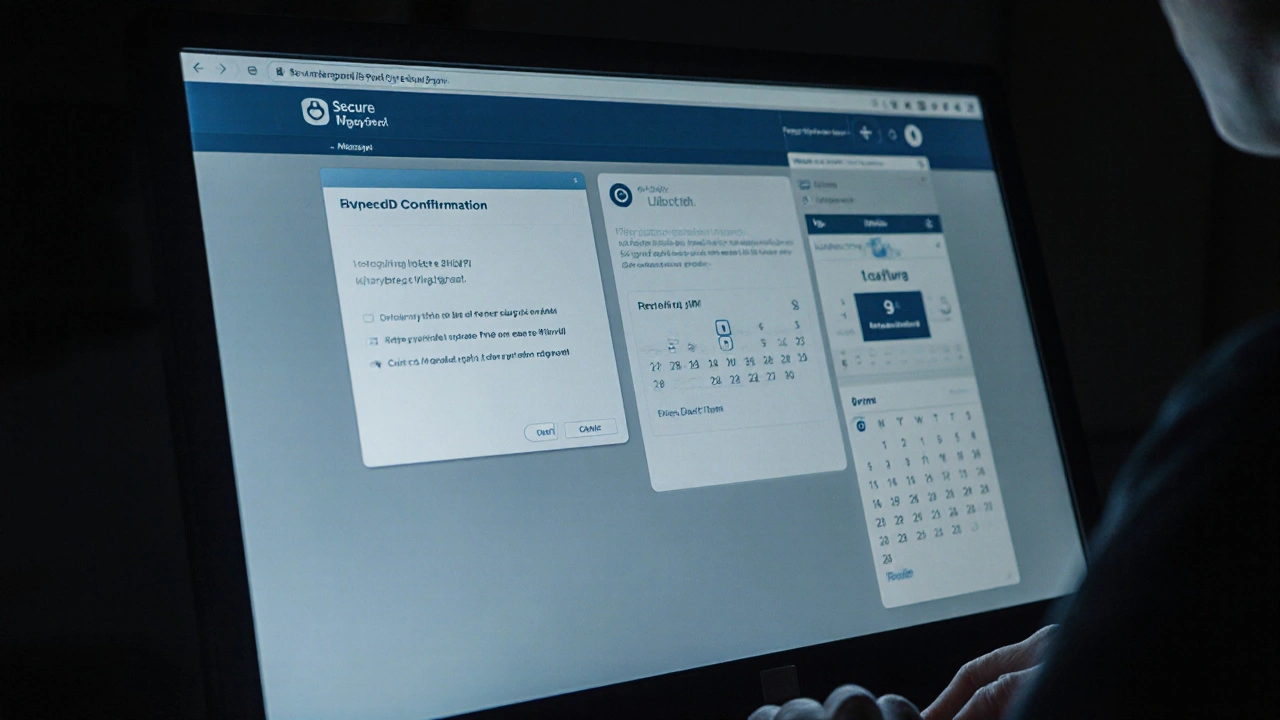 A secure digital booking portal showing encrypted client verification and a confirmed London appointment, no faces visible.