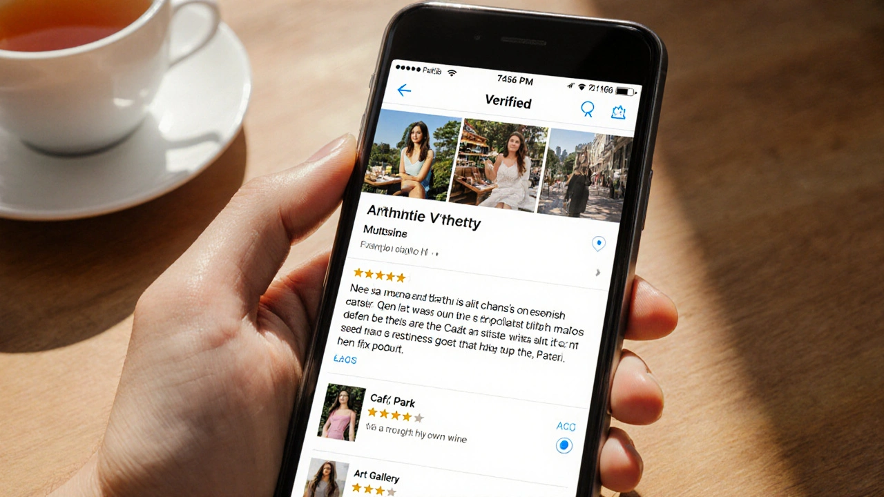 A smartphone displaying a verified escort profile with authentic photos and detailed reviews, resting on a wooden table beside a cup of tea.