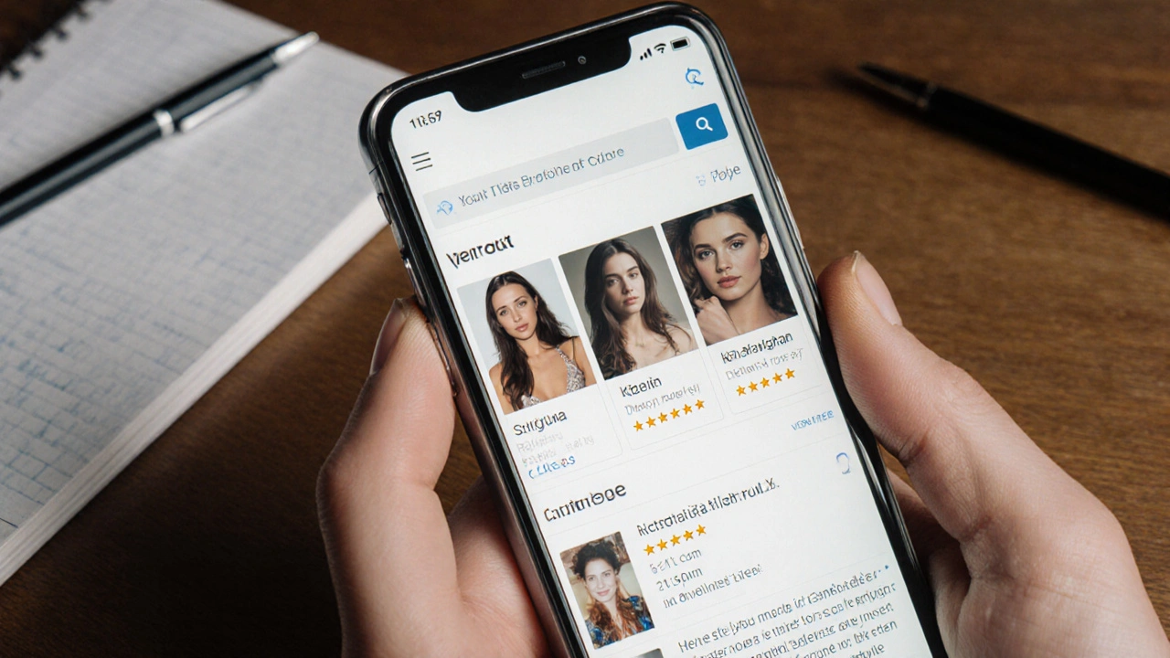 A smartphone screen showing a clean directory with verified profiles and reviews, no text visible.