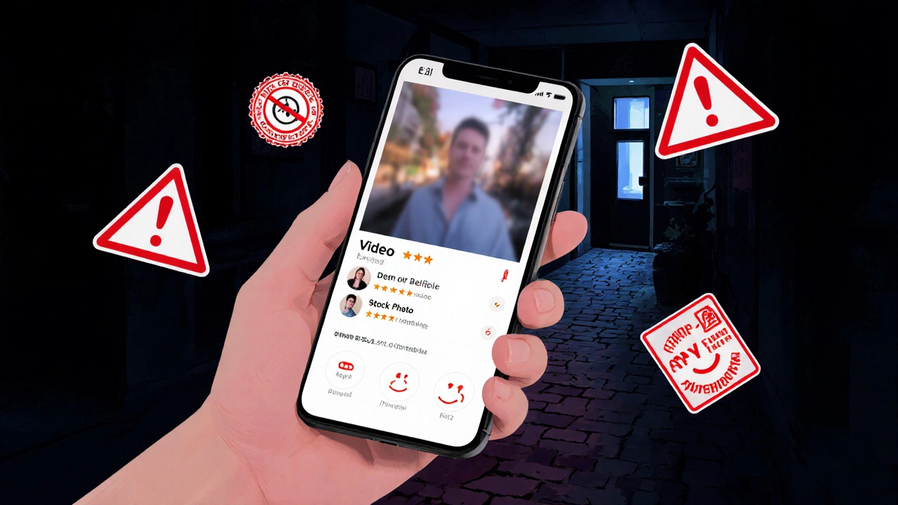 A smartphone showing a verified escort profile with safety icons, surrounded by warning symbols dissolving into a safe meeting place.