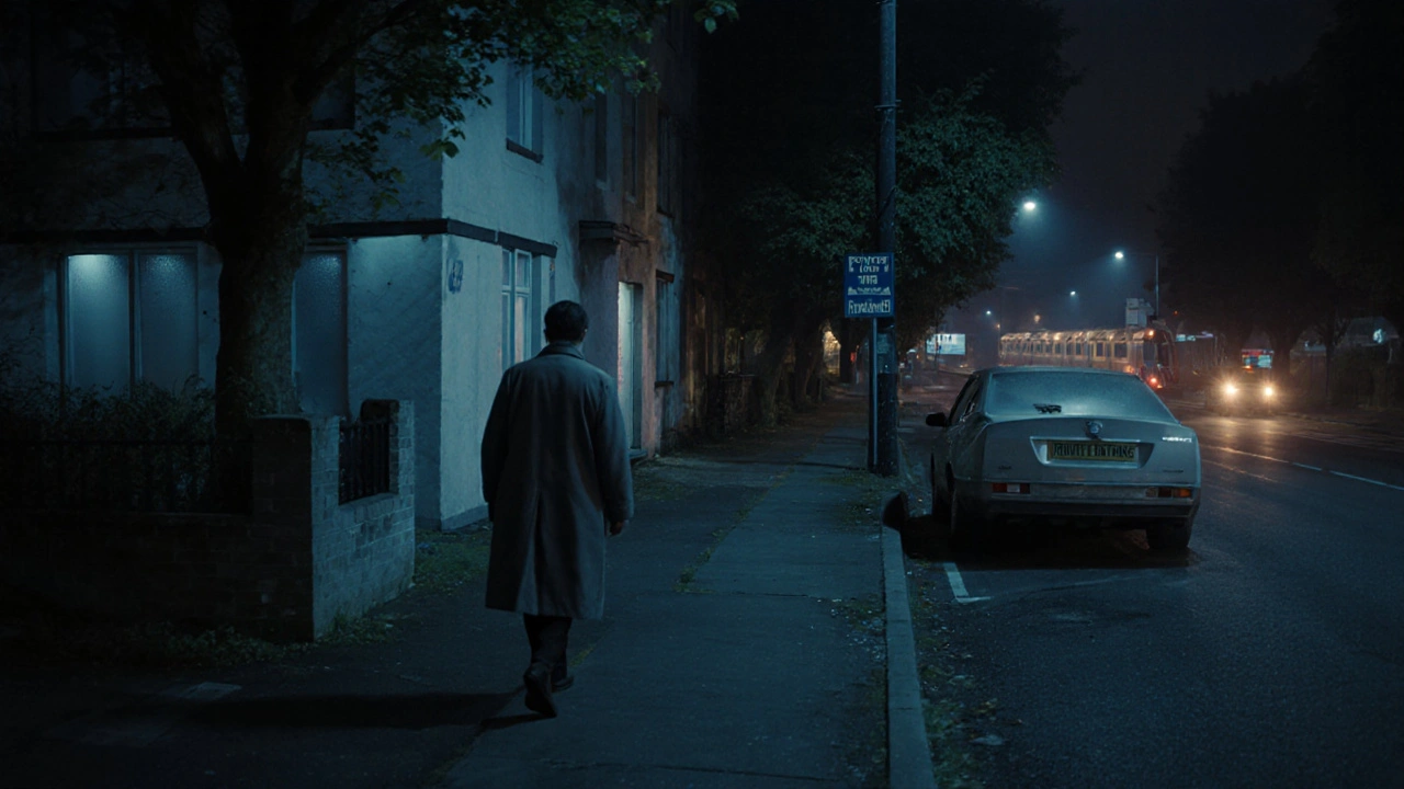A solitary figure walking toward a discreet apartment in quiet Charlton at night, under soft streetlights.