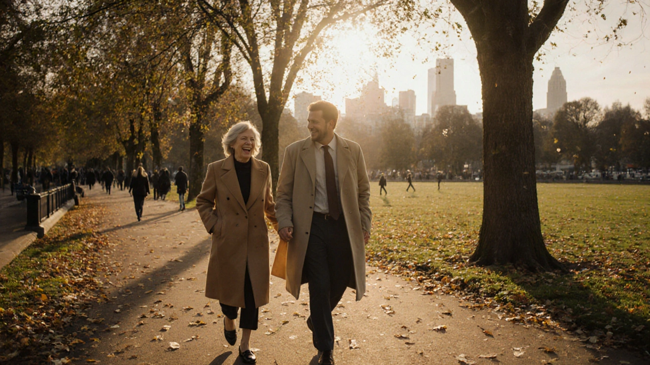 A sophisticated woman and man walk together in Hyde Park at sunset, enjoying peaceful companionship.