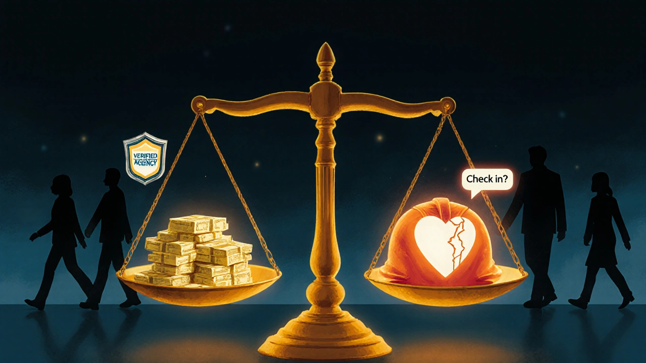 A symbolic scale weighing money against safety, a verified badge, and a friend&#039;s message, with dark shadows and warm light.