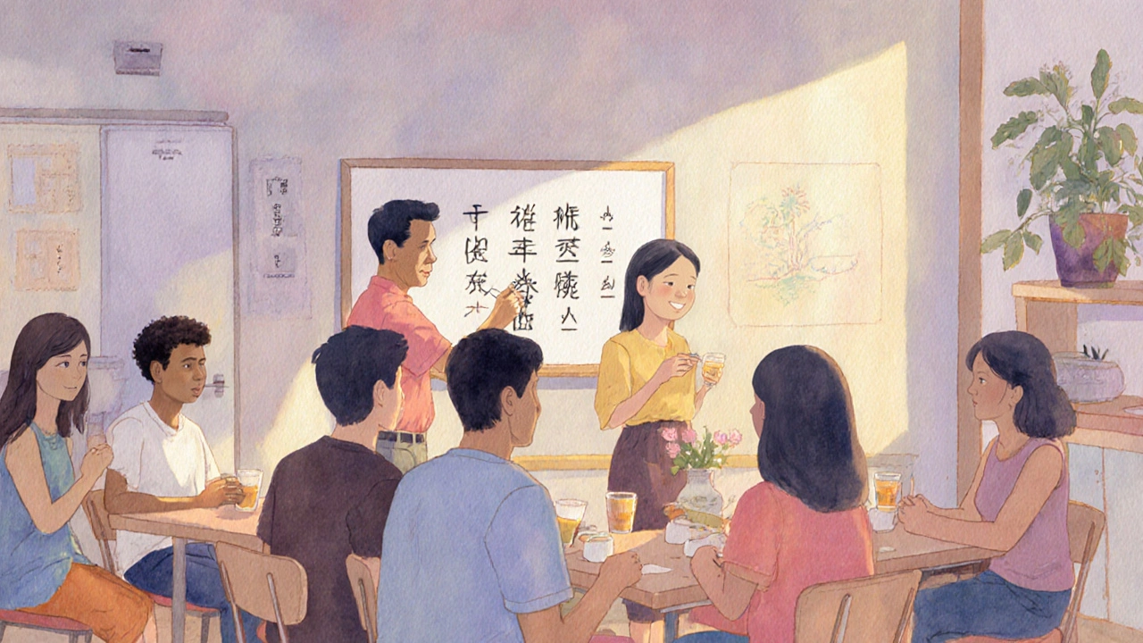 A warm community center scene with people learning Thai language and sharing tea in a cultural class.