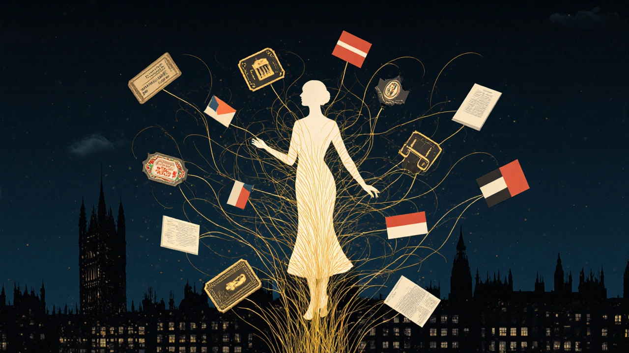 A woman&#039;s silhouette surrounded by cultural symbols representing professional companionship.