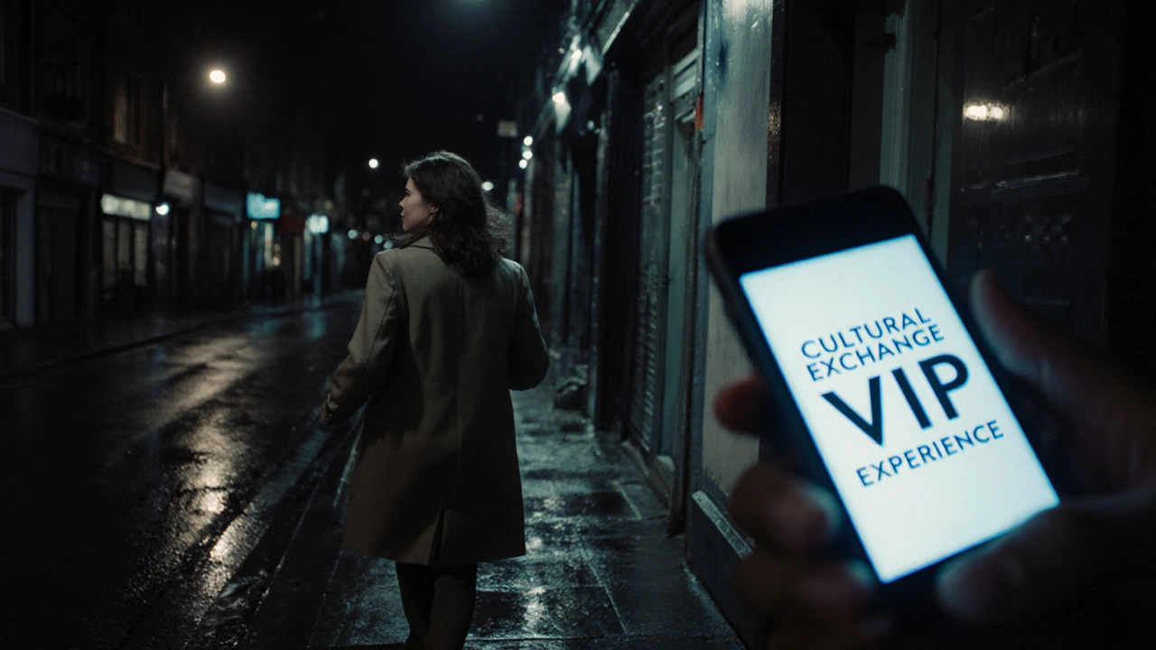 A woman walking cautiously down a dim London alley, a coded escort ad glowing faintly on a phone in the background.