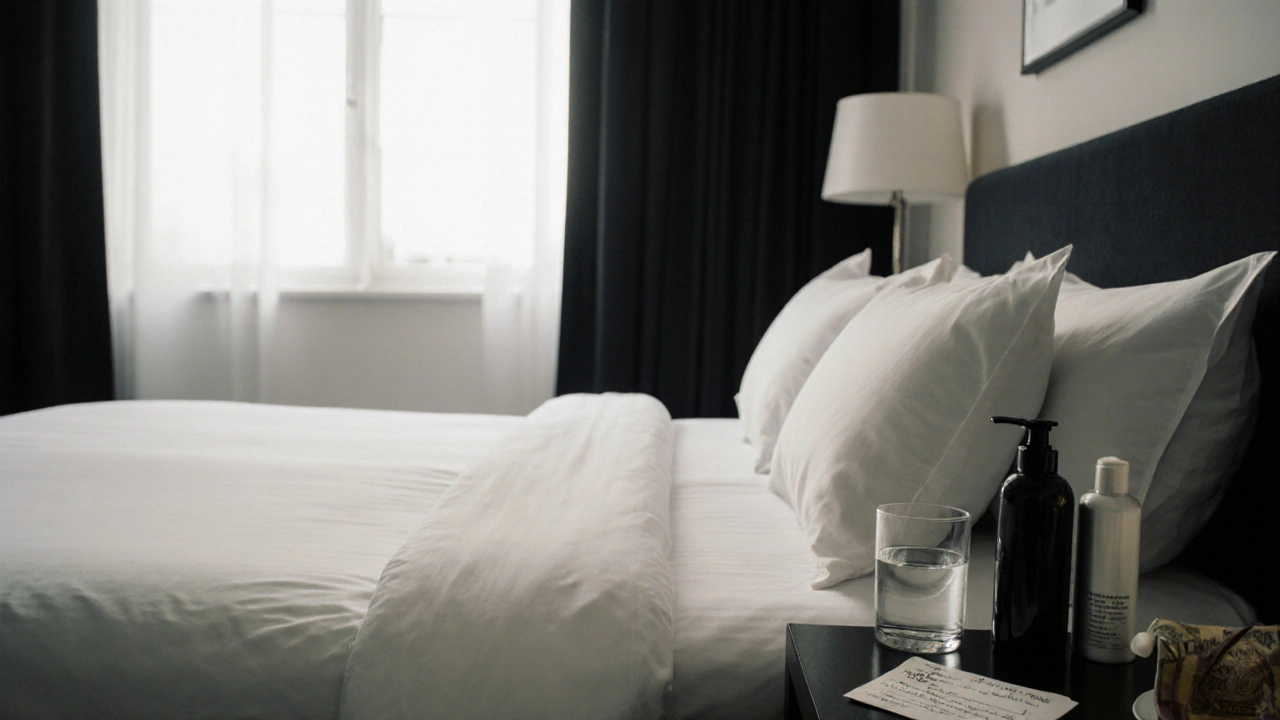 An empty luxury bedroom with toiletries and a thank-you note after a professional incall visit.