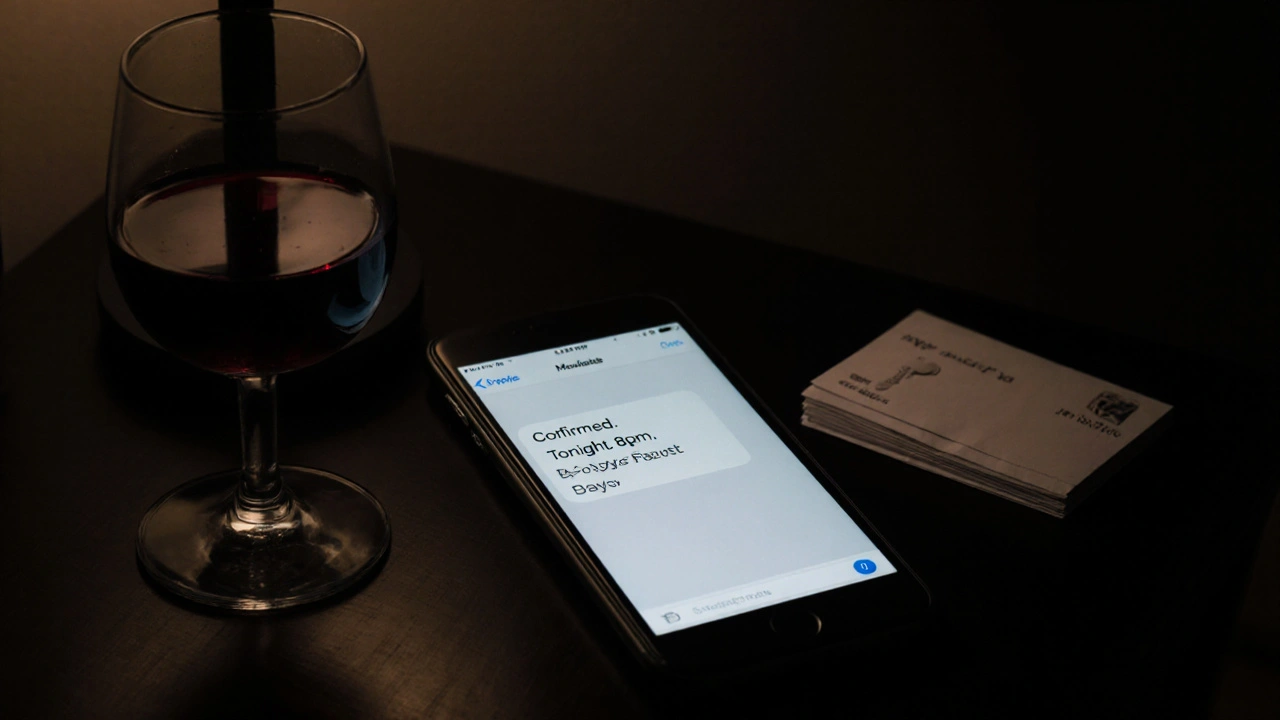 An encrypted message and hotel keycard on a dark table, symbolizing private, trusted arrangements.