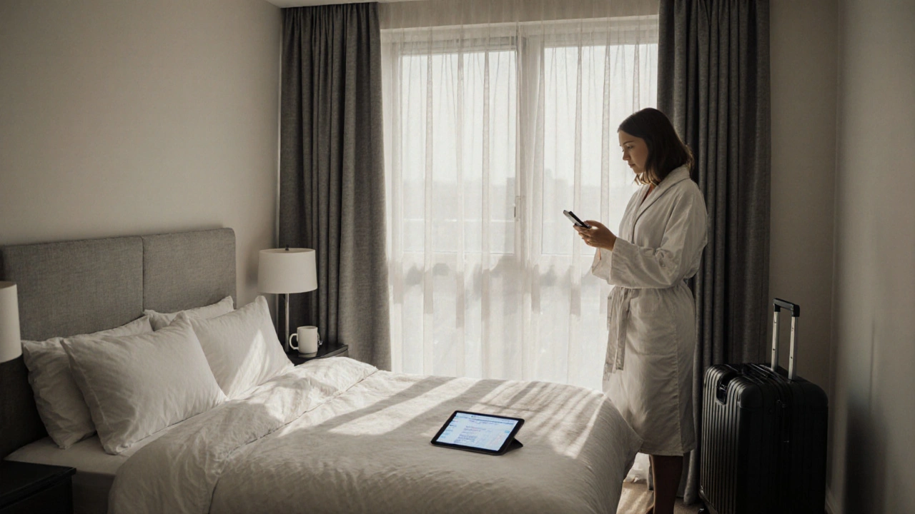 An independent escort in her Wealdstone apartment, checking messages in the morning light.