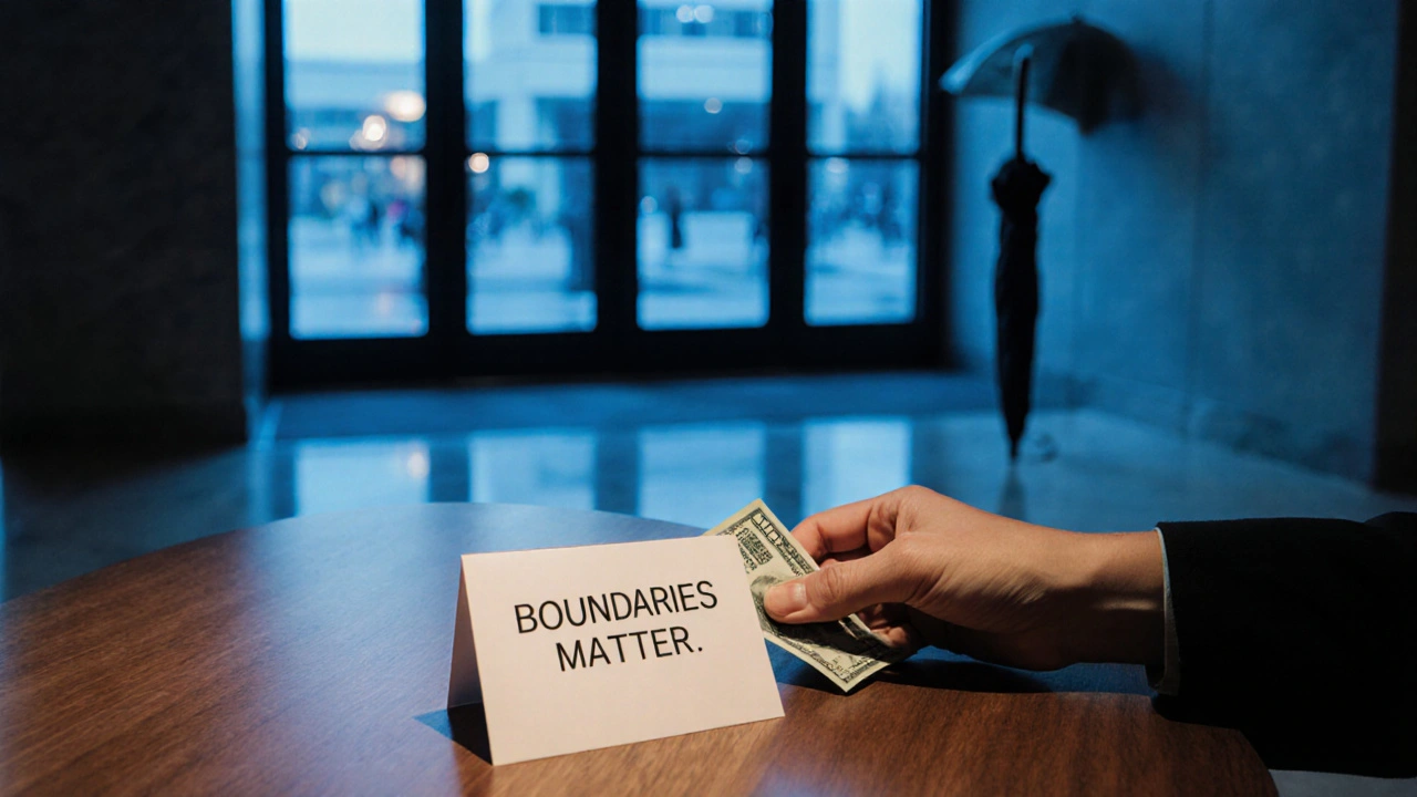 Cash and a note on a table in a hotel lobby, symbolizing safe, respectful arrangements.