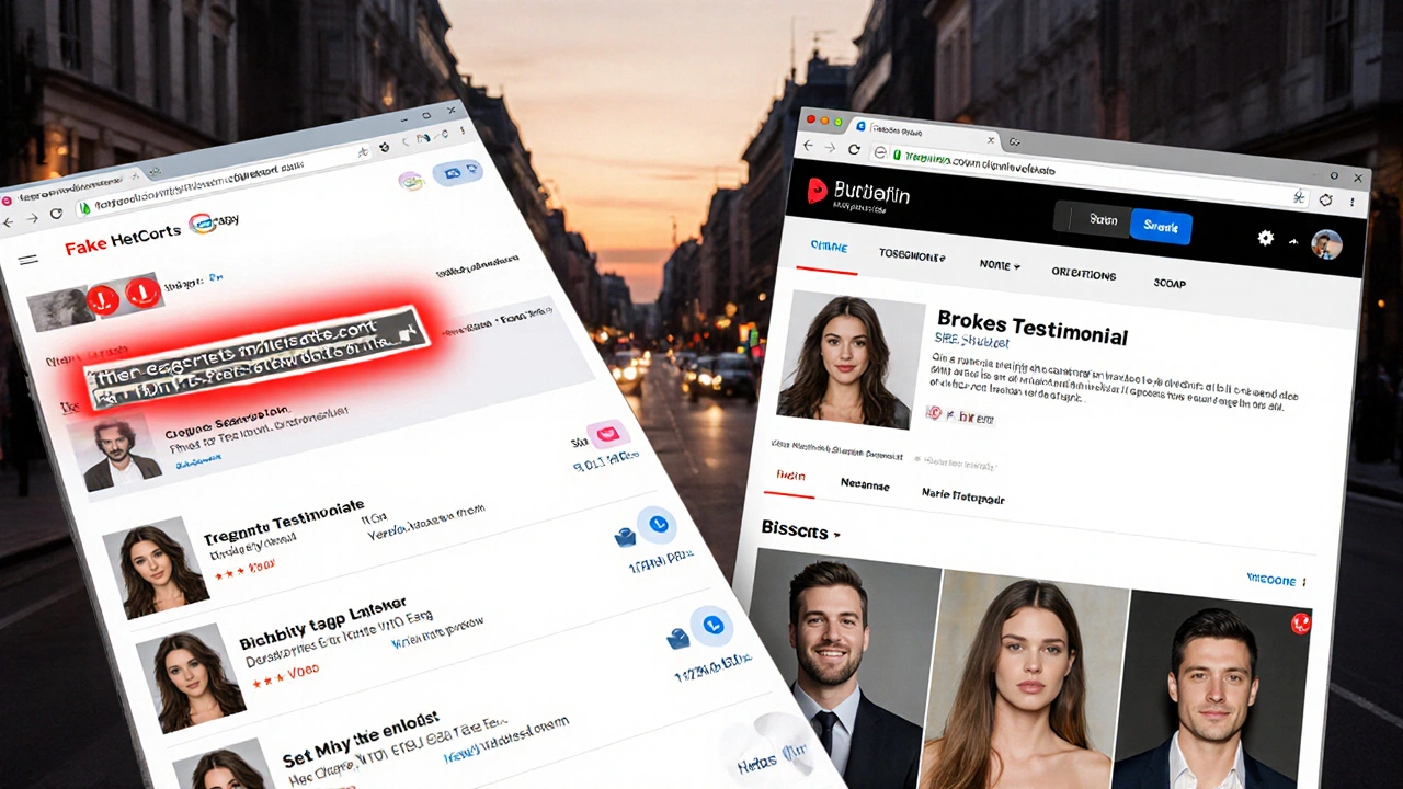 Comparison of a fake escort profile versus a verified one with real reviews.