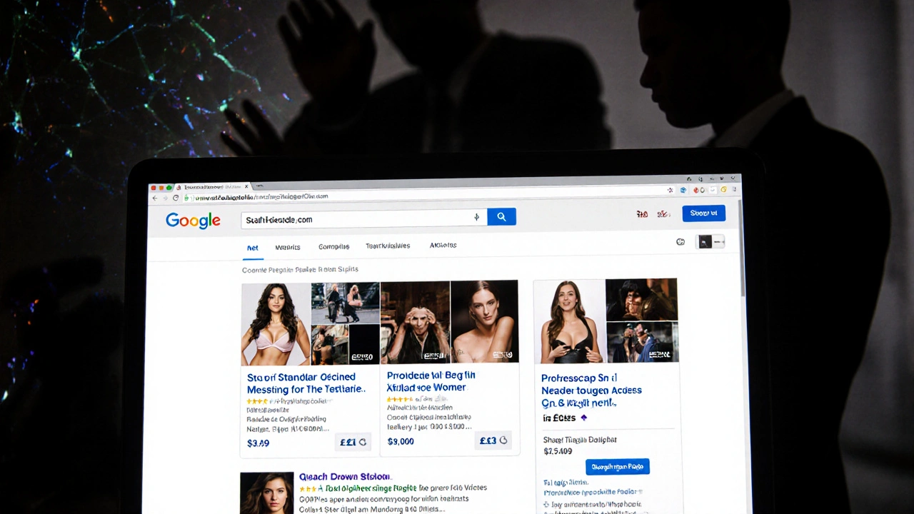 Computer screen displaying a fraudulent escort site with fake photos and a payment prompt, shadowy figures manipulating search results behind it.