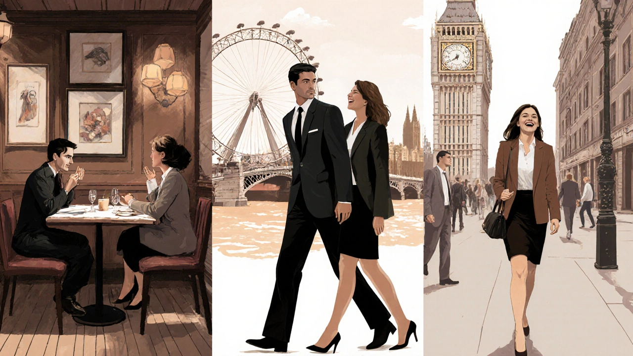 Diverse Londoners enjoying companionship at a restaurant, museum, and city walk.