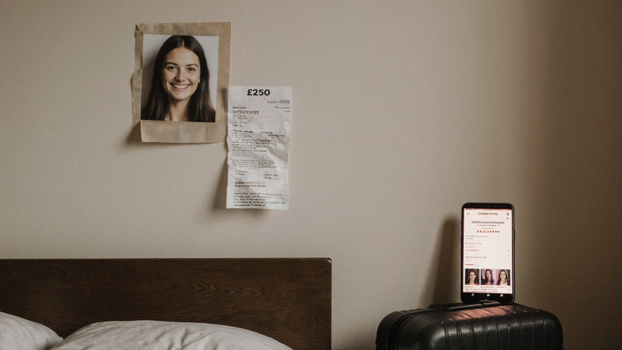 Empty apartment with crypto payment receipt and blurred fake escort photo, hinting at scam aftermath.