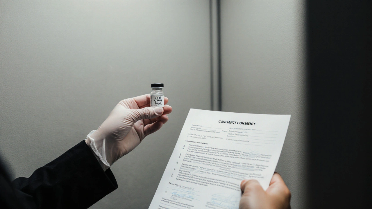 Gloved hand offering an STI test vial to a hand holding a signed consent form, no faces visible.