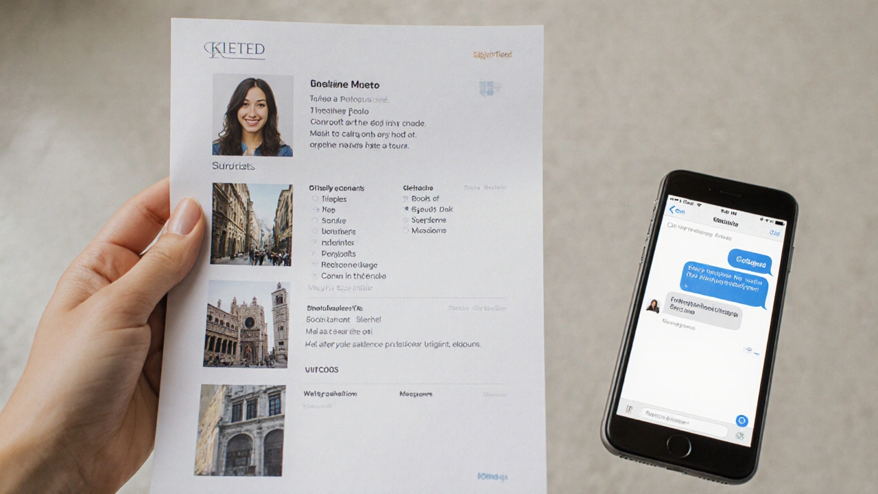 Hand holding a printed profile with genuine photo and details, next to a verified messaging app.
