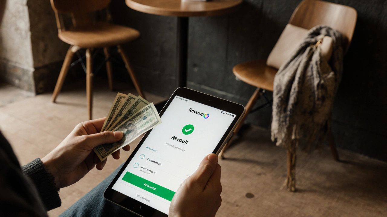 Hand holding cash next to a secure payment app on a tablet in a café.