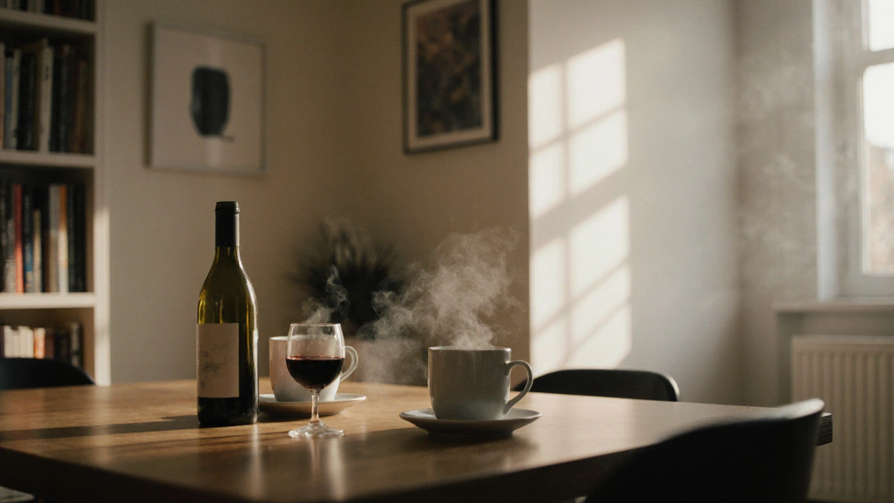 Intimate apartment setting with two mugs and a dining table, warm and calm atmosphere.