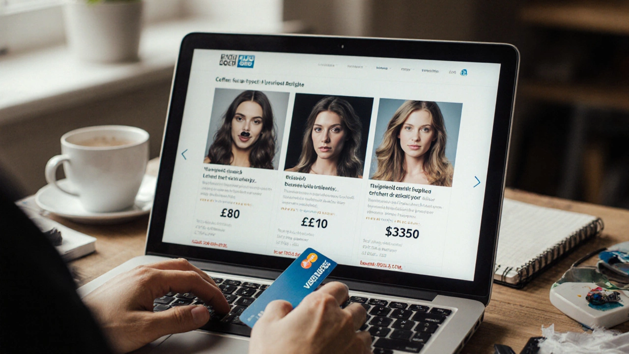 Laptop screen showing three escort ads with different prices, a hand hovering over a credit card on a cluttered desk.